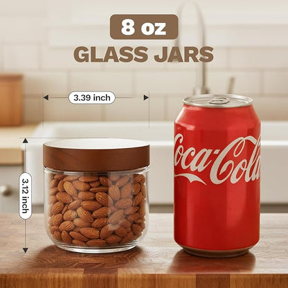 Bumobum 16oz+8oz Overnight Oats Containers with Lids, Glass Mason Jars with Acacia Wood Airtight Lid, Wide Mouth Glass Canisters for Food Storage Chia Pudding Snacks Yogurt Spice Meal Prep, 8-Pack
