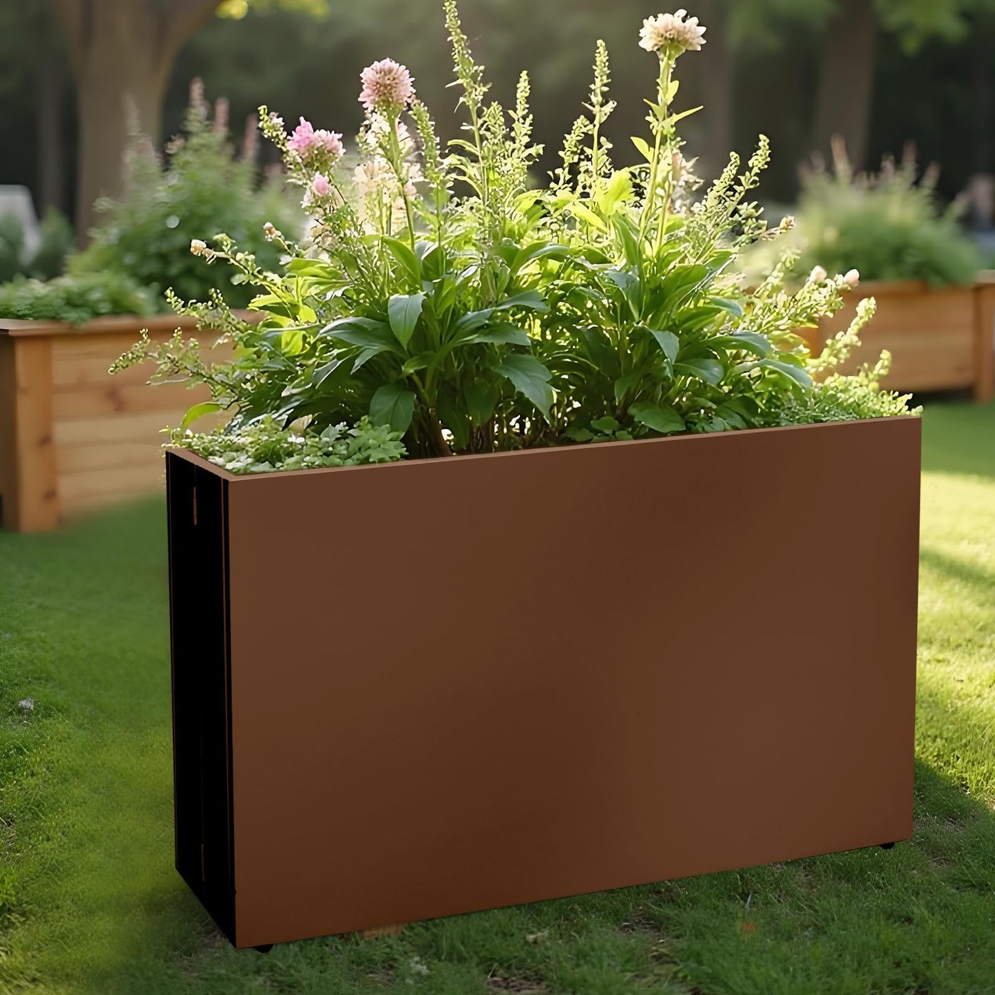 Zezgeuro Galvanized Steel Planter Box-No Installation Required Metal Rectangular Block Long Box Planter Modern Outdoor Planters All-Weather Use with Drainage Holes for Patio/Porch, 36×24×12IN（Brown）