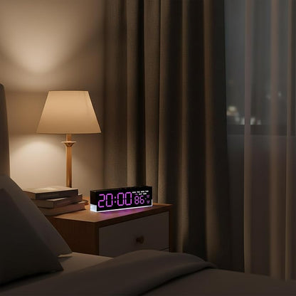 7-Inch Modern LED Digital Alarm Clock with Dual Alarms & Soft Bottom Light｜Displays Time, Date, Day, Temperature｜3-Level Auto/Manual Brightness, DST, USB or Battery Powered Desk Clock,Rose-Red