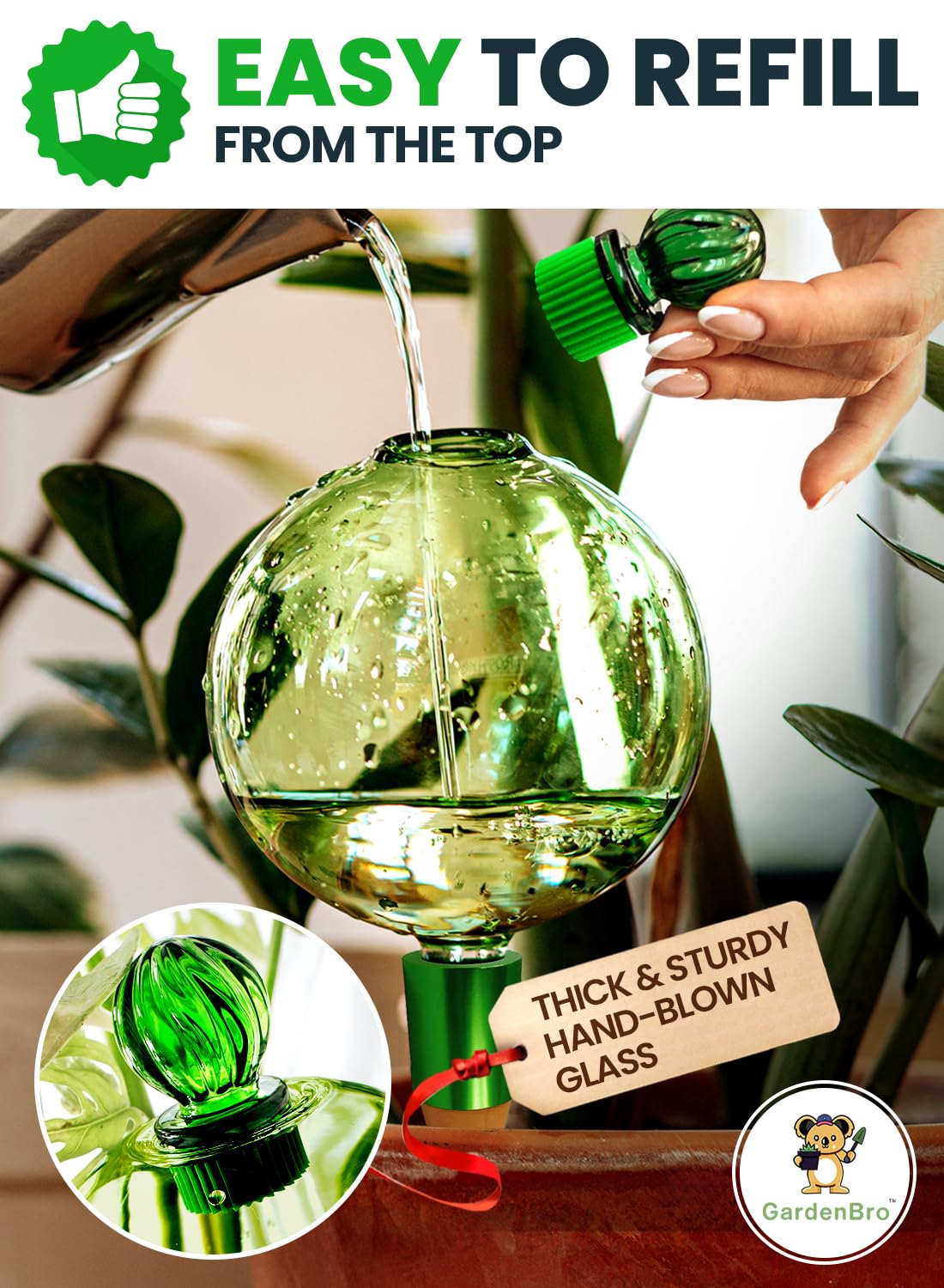 16 Oz Plant Watering Globes for Indoor Plants with Terracotta Self Watering Planter Insert - Hand-Blown XL Glass Globes - Automatic Indoor Planter Waterer, Gift Idea for Gardeners [1, Emerald]