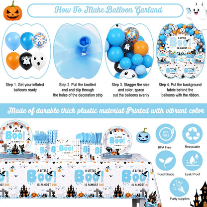 AIBIIN Halloween Baby Shower Decorations for Boys, A Little Boo is Almost Due Blue Balloons Garland Arch Kit with Backdrop Tableware Set for Newborn Party Decor Supplies