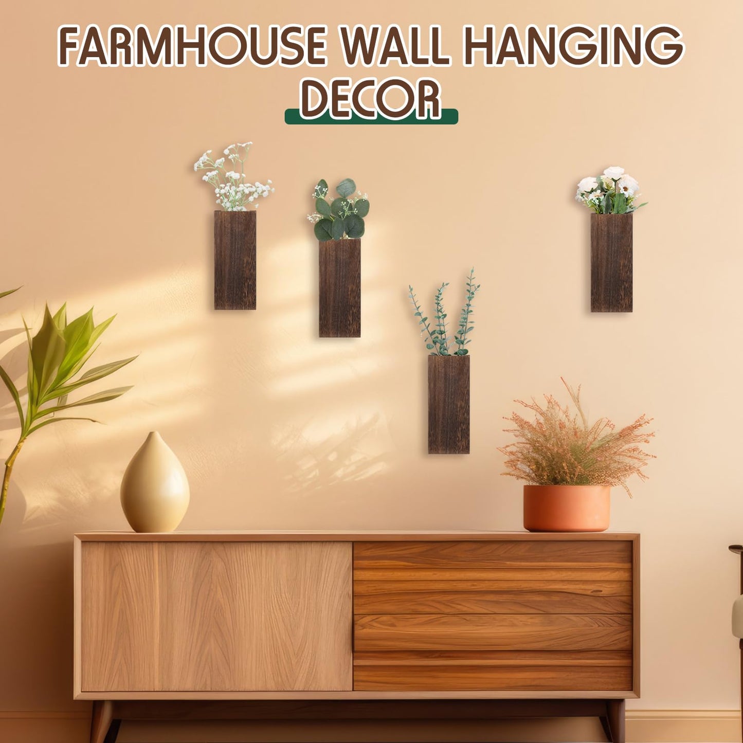 Ziliny 4 Pack Wood Wall Planter for Dried Flowers and Artificial Greenery Indoor Plants Holder, Wood Wall Decor Wooden Pocket Vase Modern Farmhouse Hanging Flowers for Living Room Bedroom Home