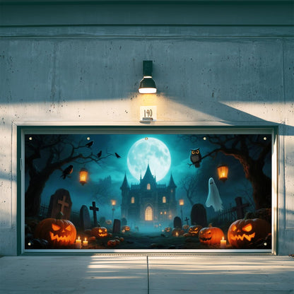 IVN Halloween Garage Door Cover 13x6ft Haunted Castle with Ghosts and Jack-o’-Lanterns Scene Garage Decoration with Green Moonlit Forest Halloween Decorations Outdoor