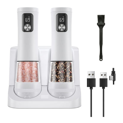 Electric Salt and Pepper Grinder Set, Rechargeable Automatic Pepper Mill with Base,Display, LED Lighting, Large Capacity-Ideal for Kitchen, BBQ Gifts (2, White(27C))