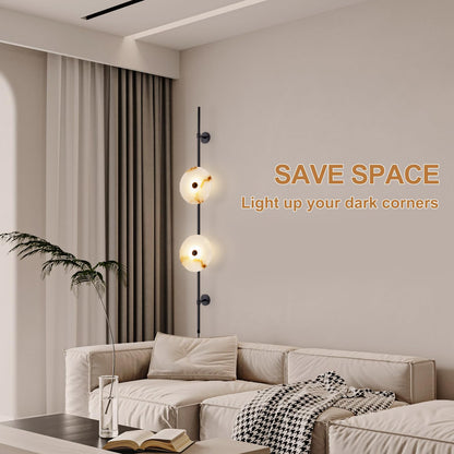 HOMLUCE Alabaster Wall Sconce,8W Round Natural Marble Plug in Wall Sconce Lamp Cord with Knob Dimmer Switch, Indoor LED Modern Wall Lamp for Bedroom, Stairs, Living Room, Bedside, Hallway (Black)