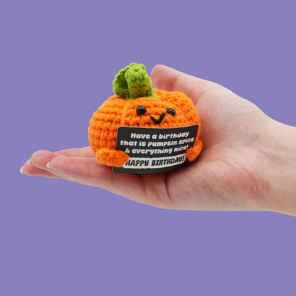 GOOFBALLS Happy Birthday Crochet Figurine – Cute Handmade Knitted Plush Decoration, Small Desk Decor Gift, Birthday Party Table Topper & Keepsake - Pumpkin