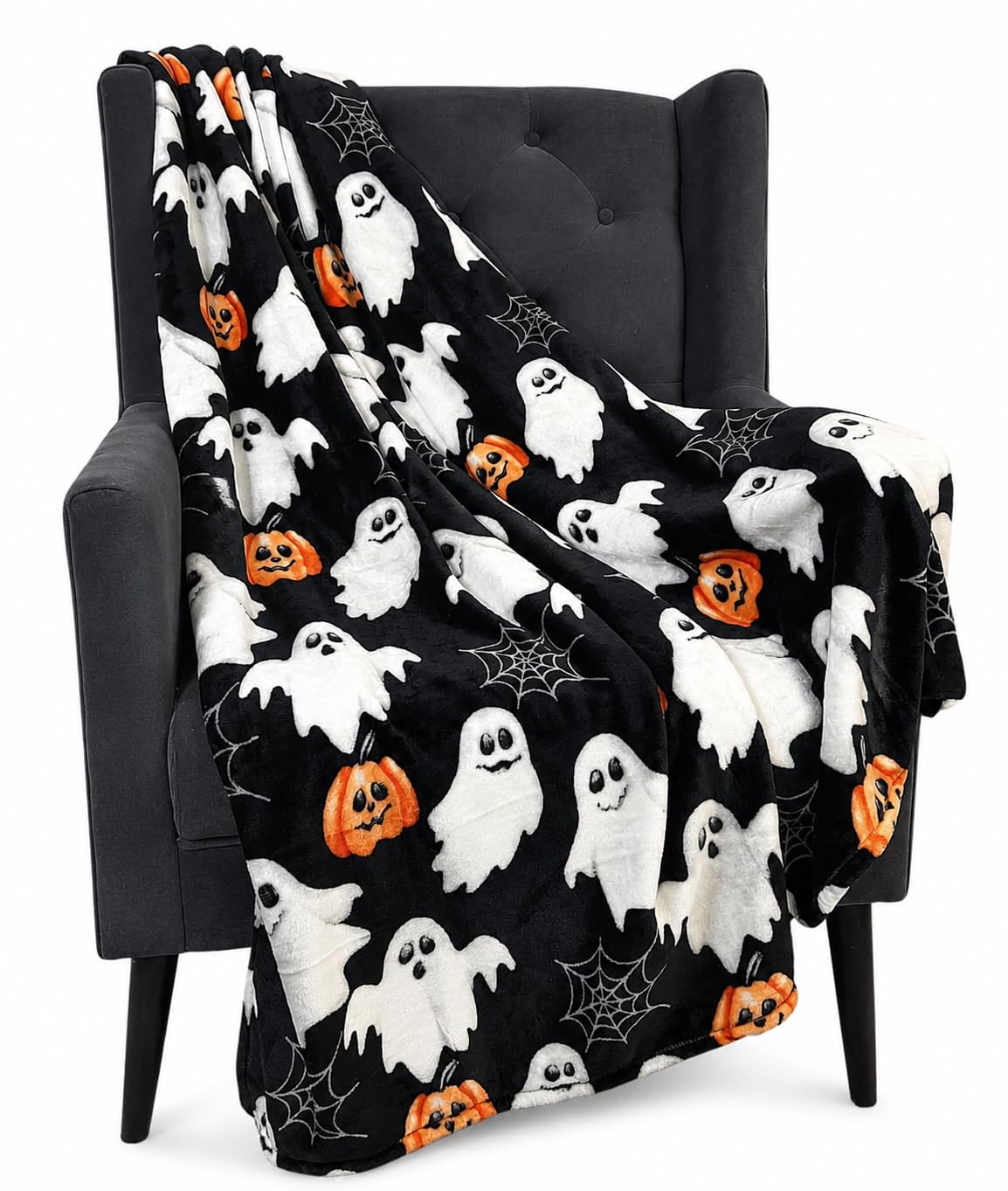 Halloween Fleece Throw Blanket: Jack O Lantern Pumpkins White Ghosts and Spiderwebs on Soft Black Velvet for Sofa, Couch, Chairs and Bed, 50" x 70"