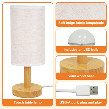 Small Touch Table Lamp with Stepless Dimming&USB Plug,Natural Round Wood Base&Linen Fabric Shade |Soft Ambient Warm Night Light|Minimalist Boho Bedside Lamp for Bedroom,Nightstand,Nursery,Kitchen,Dorm