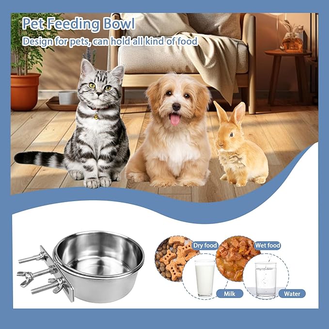 Stainless Steel Pet Crate Bowls, 2-Pack Rabbit Food Water Bowls No Spill Removable Hanging Parrot Feeding Cups Kennel Feeder Coop Cup for Small Medium Pets Birds Bunnies Cats Dogs (M+L)