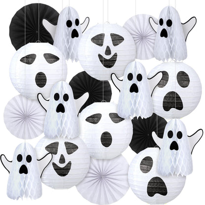 Humyoun 18 Pcs Halloween Party Decorations Kit Ghost Spooky Paper Lanterns Hanging Fans 3D White Ghost Honeycomb Ball for Indoor Outdoor Halloween Scary Party Supplies Haunted House Ceiling Decor