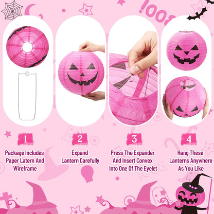 Blulu 6 Pieces Halloween Hanging Paper Lanterns Set Pumpkin Paper Jack-O'-Lantern for Halloween Spooky Home Party Decoration, 11.8 x 11 Inch (Pink,Black)