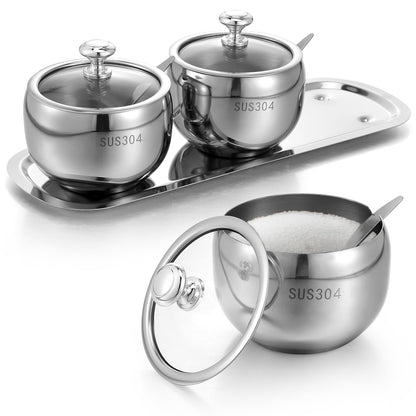 JOUTYFOR 3 Grids 304 Stainless Steel Seasoning Containers Set with Lid Spoon and Tray, Condiment Jar Spice Container, Condiment Canisters Pots for Serving Sugar, Pepper, Salt, Spice
