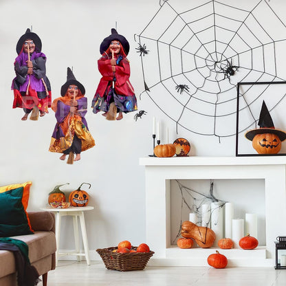 Bonzitoy Halloween Witch Ornaments 3 PCS, 8" Flying Witch Figures on Broomsticks, Haunted House Hanging Props