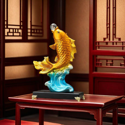 FUNSXBUG 13.3 Inch Large Chinese Feng Shui Fish Statue Sculpture Collectible Figurine Feng Shui Decor Home Office Decoration Tabletop Decor Ornaments Good Lucky Gifts (Gold)