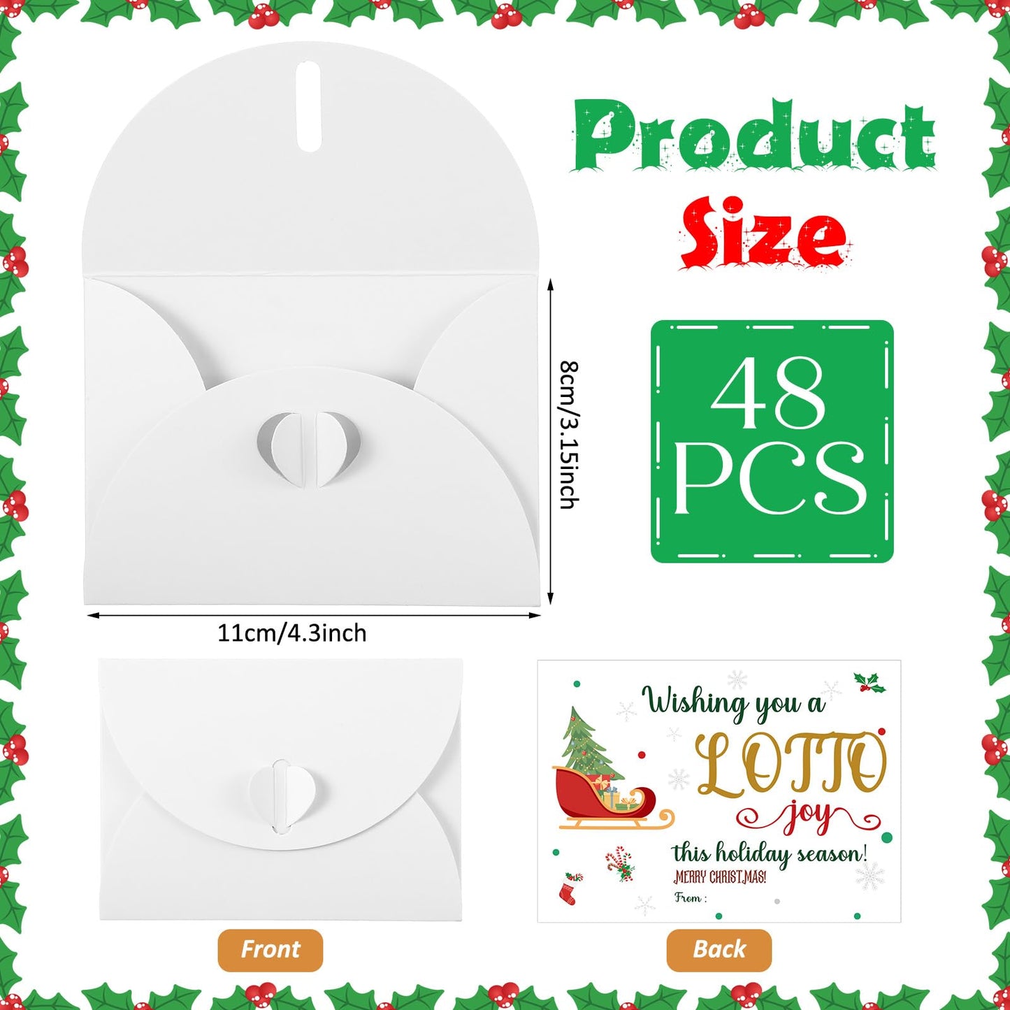 Gersoniel 48 Pack Christmas Lottery Ticket Envelopes with Heart-shaped Clasp Wishing You Luck Gift Card Holders for Christmas Party Supplies Friends Coworkers Gift, 4 Designs