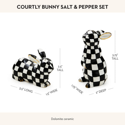 MACKENZIE-CHILDS Bunny Salt and Pepper Shaker Set, Ceramic Salt and Pepper Holders, Black-and-White Courtly Check