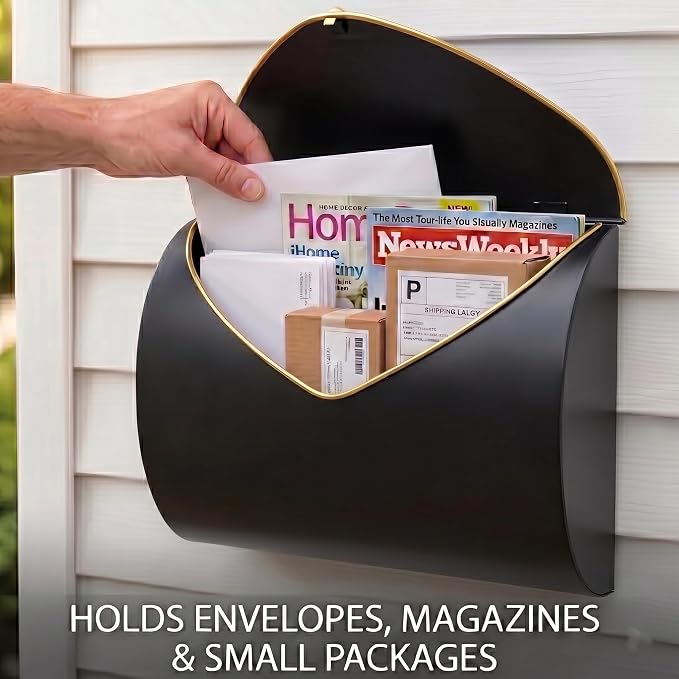 Black Wall Mount Mailbox for Outside,Waterproof Metal Mailboxes with Rust-Proof Galvanized Steel,Large Capacity Envelope Mailbox for House,12.99 x 10.35 x 3.5 Inch