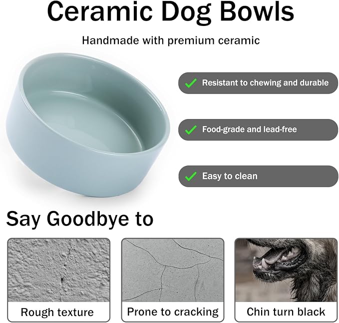 MateeyLife Ceramic Dog and Cat Bowls with Stand, 2-Pack Food and Water Bowl Set - Non-Slip Pet Bowls for Cats,Puppies and Small Dogs, 13.5OZ（Green）