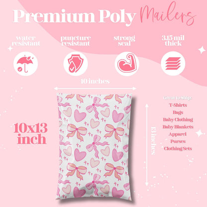 10x13 Designer Poly Mailer 100 Pack Heavy Duty Waterproof Self Seal Shipping Bags for Small Business Large Mailing Envelopes Bulk Tear Resistant Packaging Coquette Bows Hearts