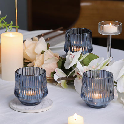 12 Pcs Large Blue Votive Candle Holders for Table Centerpieces- 3.15"×3.15" Ribbed Tea Candle Holders for Dusty Blue Wedding Decor, Bridal Shower Decorations