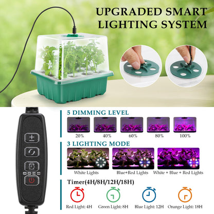 Seed Starter Tray with Grow Light, 60 Flexible Cells 5 PCS Seed Starter Kit, Reusable Seedling Starter Trays with Humidity Dome and High Lid, Germination Trays for Indoor Greenhouse Seed Starter