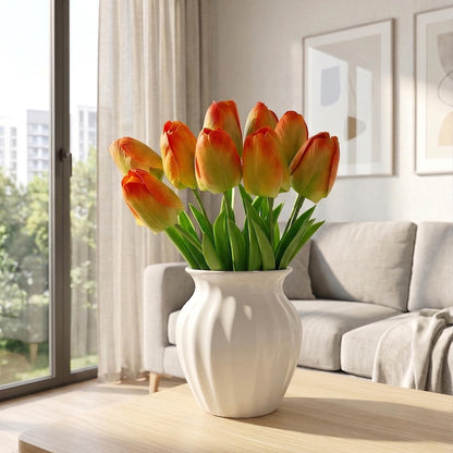 Livresse Orange Artificial Tulips for Vase, 48 Faux Tulip Flowers for Fall Centerpiece, Autumn Home Decor, Thanksgiving Table Arrangement & Rustic Farmhouse Decorations