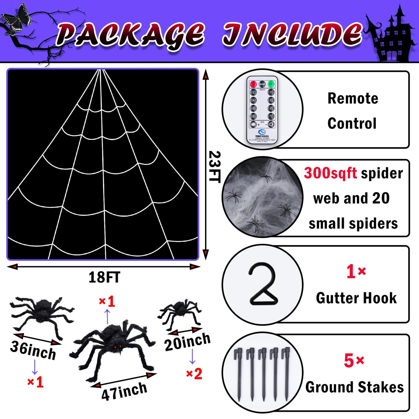 Kenburg 23Ft Light Up Spider Web Halloween Decorations Outdoor, 180 Orange and Purple LED Giant Web, 24 Spiders & 60g Stretch Cobweb Decor, 8 Modes Scary Lights for Outdoor Yard