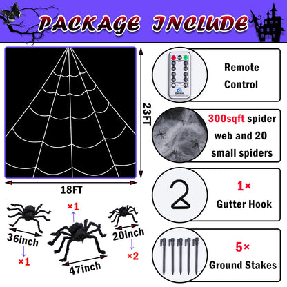 Kenburg 23Ft Light Up Spider Web Halloween Decorations Outdoor, 180 Orange and Purple LED Giant Web, 24 Spiders & 60g Stretch Cobweb Decor, 8 Modes Scary Lights for Outdoor Yard