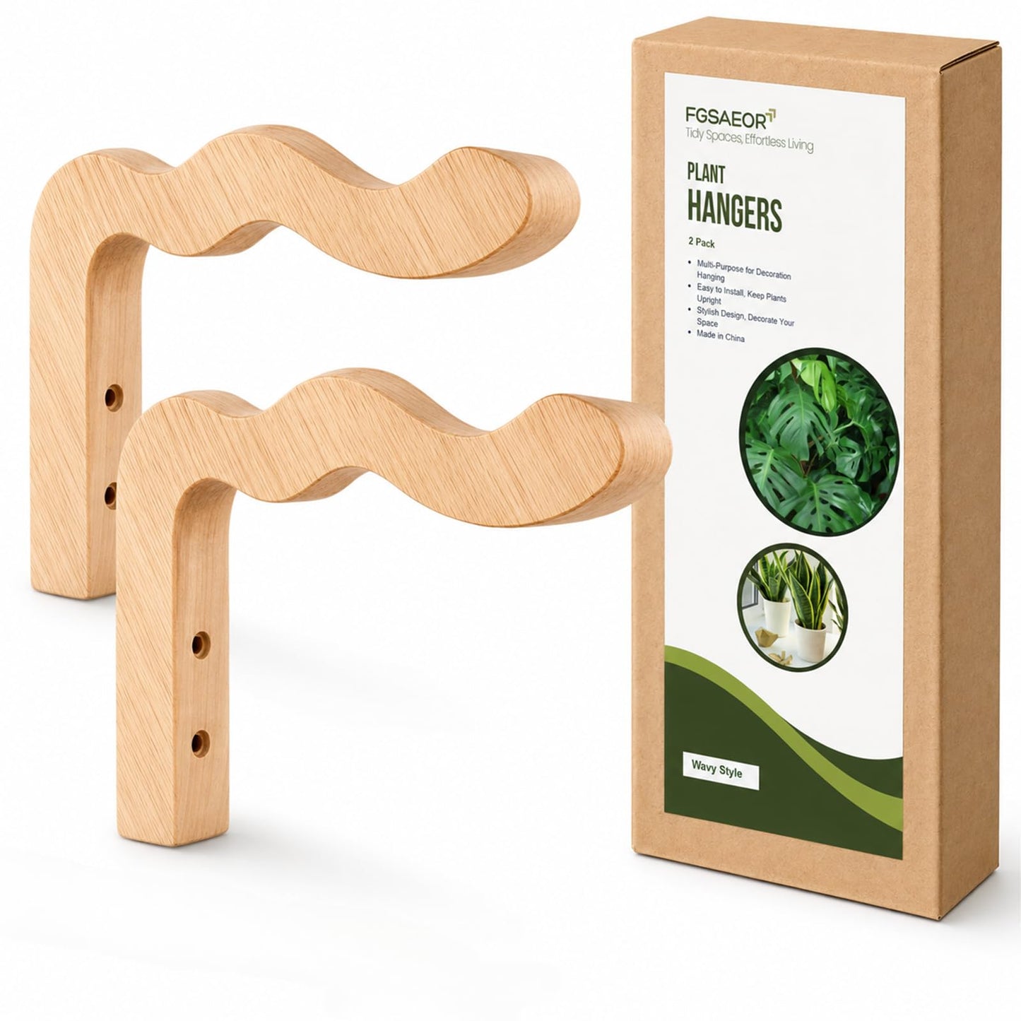 FGSAEOR Wood Plant Hangers Wave-Shaped for Outdoor, Wall Mount Hanging Plant Hooks Heavy Duty Indoor Outdoor Hooks for Flower Pots, Wind Chimes, Bird Feeders, 2 Pack (Solid Beech Wood)