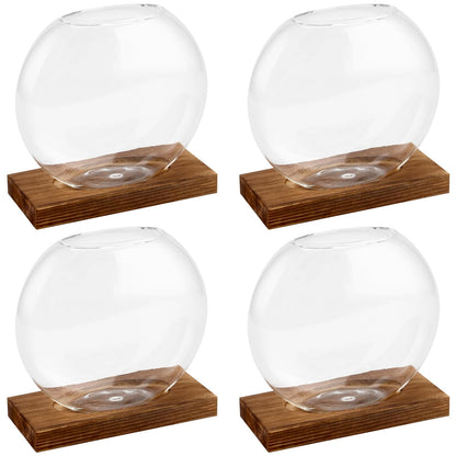 HAKZEON 4 Pack Desktop Round Glass Planter Hydroponics Vase, Glass Planter Terrarium Flower Vase with Wooden Stand, Propagated Plant Jars for Plants, Flower, Home Office Desktop Decor