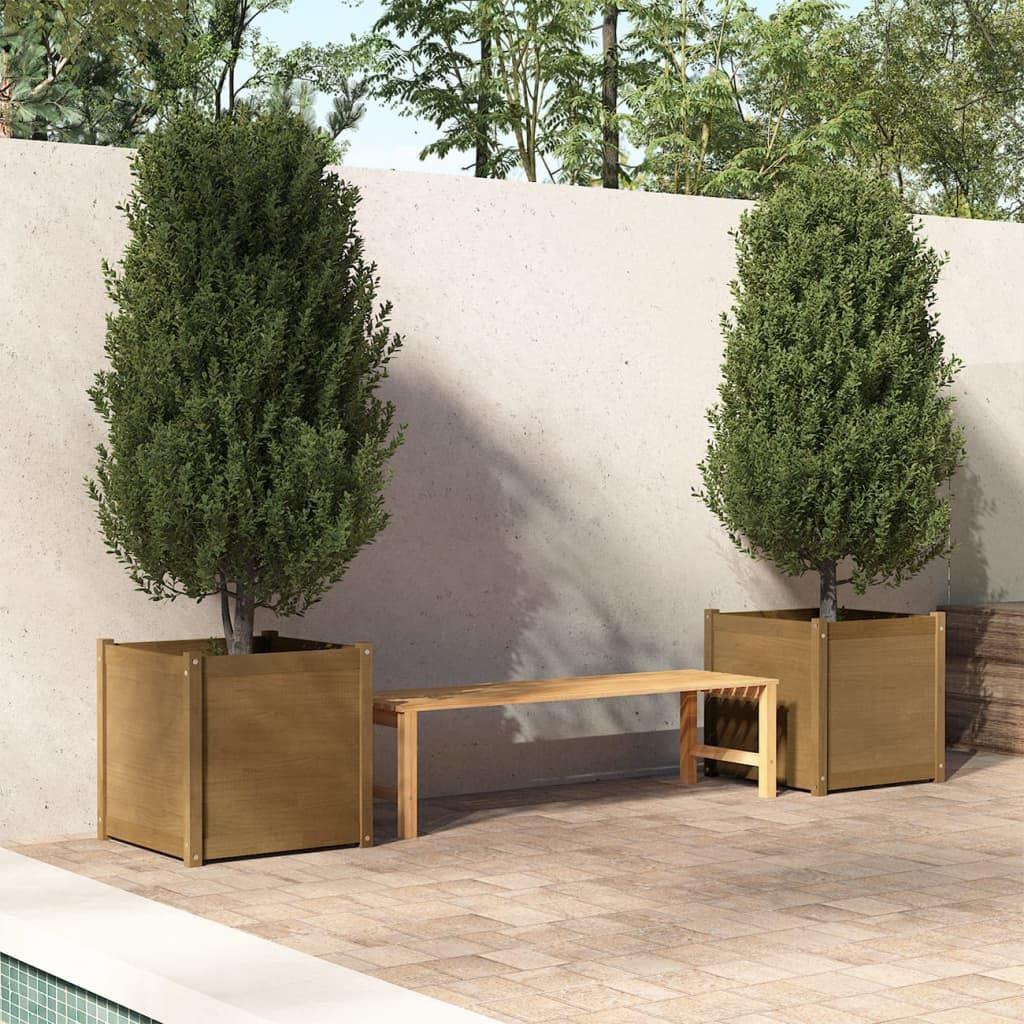 Owoxanthellate Honey Brown Square Wood Planter Set for Outdoor Spaces, 23.6 x 23.6 x 23.6 in Solid Pine Garden Flower Pots, Weathered Finish for Patio Terrace and Balcony