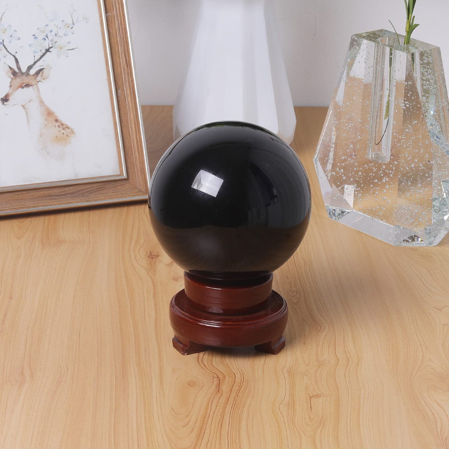 LONGWIN 120mm (4.7 in) Divination Black Crystal Ball Fengshui Sphere Home Decorations Meditation Ornaments with Rotating Wooden Stand