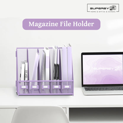 SUPEASY Desk Organizers Metal Desk Magazine File Holder with 5 Vertical Compartments Rack File Organizer for Office Desktop, Classroom, Home Workspace, Purple