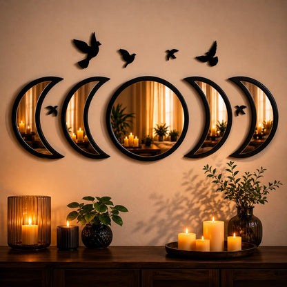 NESHE Moon Phase Mirror Wall Decor Set with Birds | Gothic Witchy Boho Wall Mirror Decor | Scandinavian Aesthetic Home Decor for Bedroom Living Room (Black)