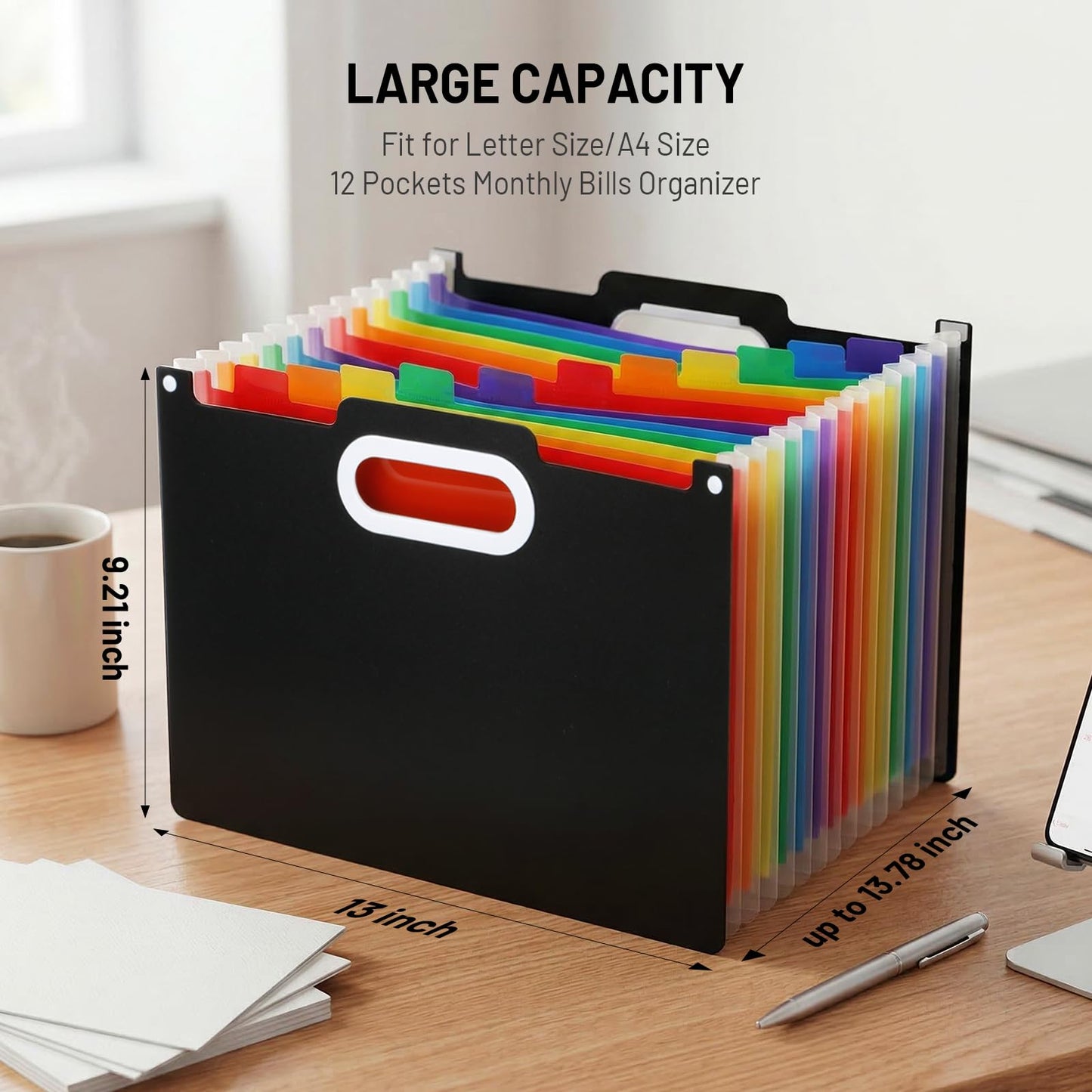 Comix Expanding File Folder, 13 Pockets Accordion File Organizer, Letter/A4 Size Document Organizer for Home Office School, Black