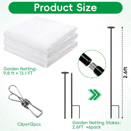 Metal Garden Netting Covers Kit for Raised Beds, 6 Pack 2.6FT Garden Poles Support Stakes with 10×13FT Insect Pest Barrier Plant Netting Mesh & 12 Clips for Vegetable Fruit Flower Garden Protection