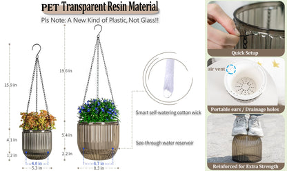 Melphoe 2 Pack Self Watering Hanging Planters Indoor Flower Pots, 5.3/8.3 Inch Outdoor Hanging Basket, Plant Hanger with 3Hooks Drainage Holes for Garden Home (Gray)