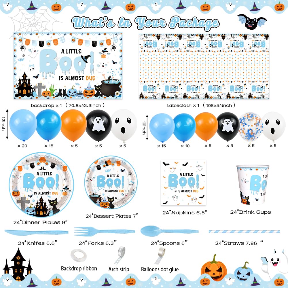 AIBIIN Halloween Baby Shower Decorations for Boys, A Little Boo is Almost Due Blue Balloons Garland Arch Kit with Backdrop Tableware Set for Newborn Party Decor Supplies