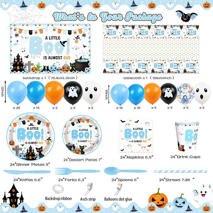 AIBIIN Halloween Baby Shower Decorations for Boys, A Little Boo is Almost Due Blue Balloons Garland Arch Kit with Backdrop Tableware Set for Newborn Party Decor Supplies