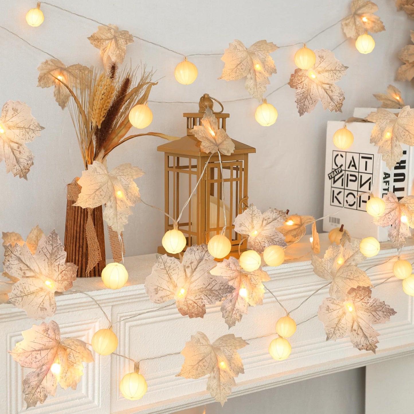 3 Pack Fall Decor Fall Garland with Pumpkin Lights&Enlarged Maples Leaves String Lights Pumpkin Decor, 60LED Waterproof Battery Operated Halloween Thanksgiving Fall Decorations for Home Outdoor Indoor