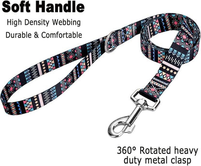 MarukoPet Dog Collar and Leash Set, Adjustable for Small Medium Large Dogs Puppy, Cute Design with Bohemia Floral Tribal Geometric Patterns Boys Girls Dog Collar(Black Bohemia Set,M)