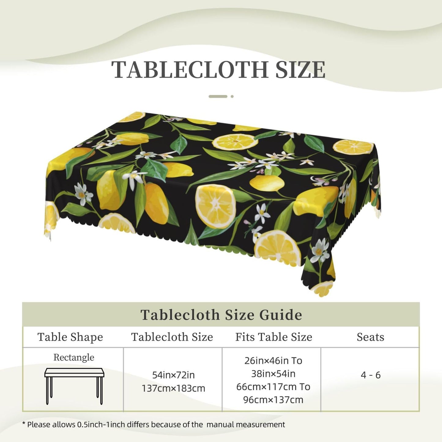 ZYPHORIEL Lemon Fruits Floral Rectangle Tablecloths Black Lemon Table Cloths Dacorative Kitchen Dining Tablecloth for Rectangular Tables,Washable Table Cover for Party 54 x 72 Inch
