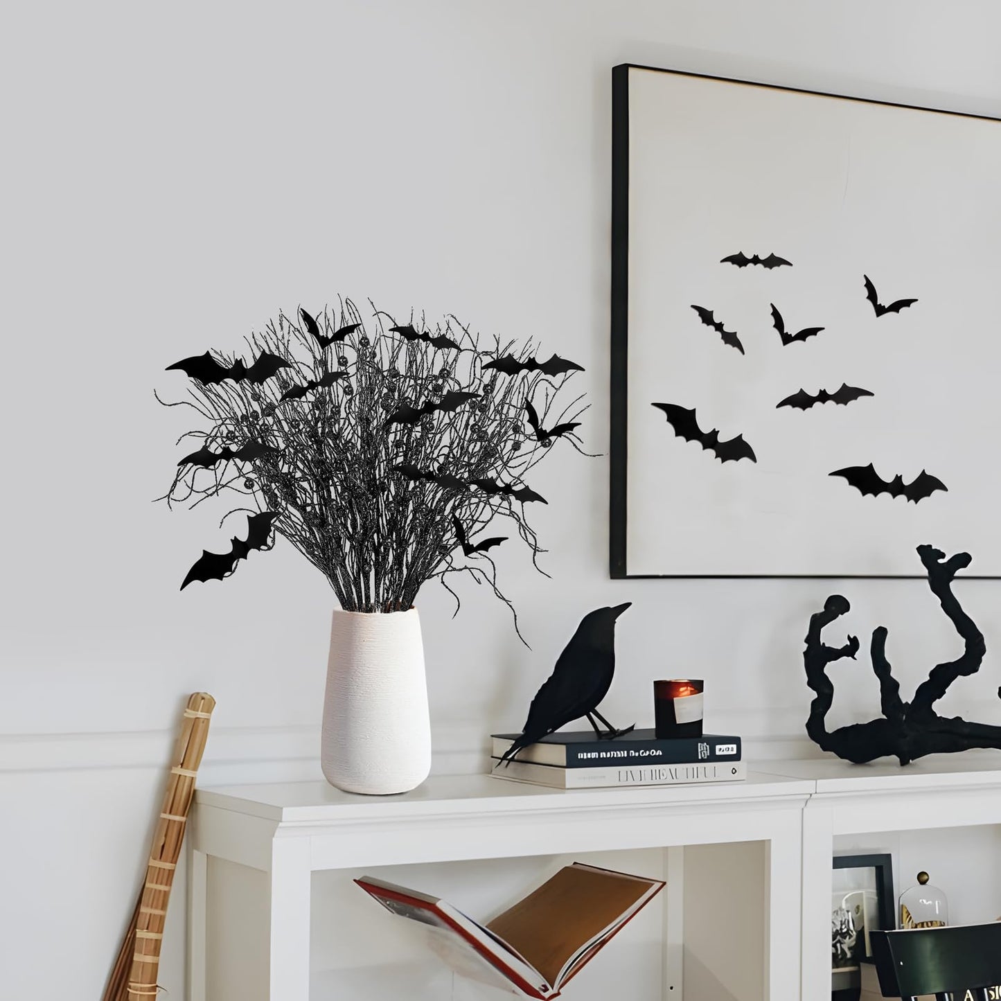 Yen Jean 21Pcs Halloween Decorations Black Artificial Branches Picks Decor Berry Stems Tree Glittery Curly with Bats for Flowers Arrangement Floral Bouquet Vase Party Supplies