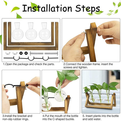 Kingbuy Desktop Glass Planter Iron and Wooden Stand Plant Terrariums for Indoor Office Desk Decor Accessories, 3 Bulb Vases, Brown