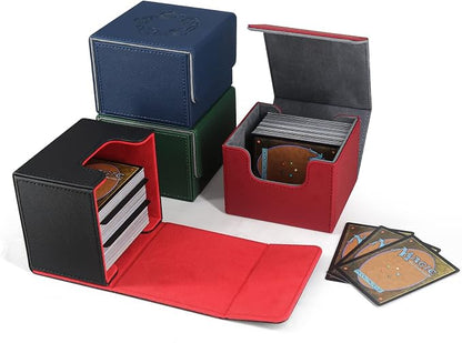 ZLCA Card Deck Box with 2 Dividers for MTG Cards, Large Horizontal Card Storage Box Fits 150+ Single Sleeved Cards, PU Leather Commander Deck box for TCG CCG (Black& Red)