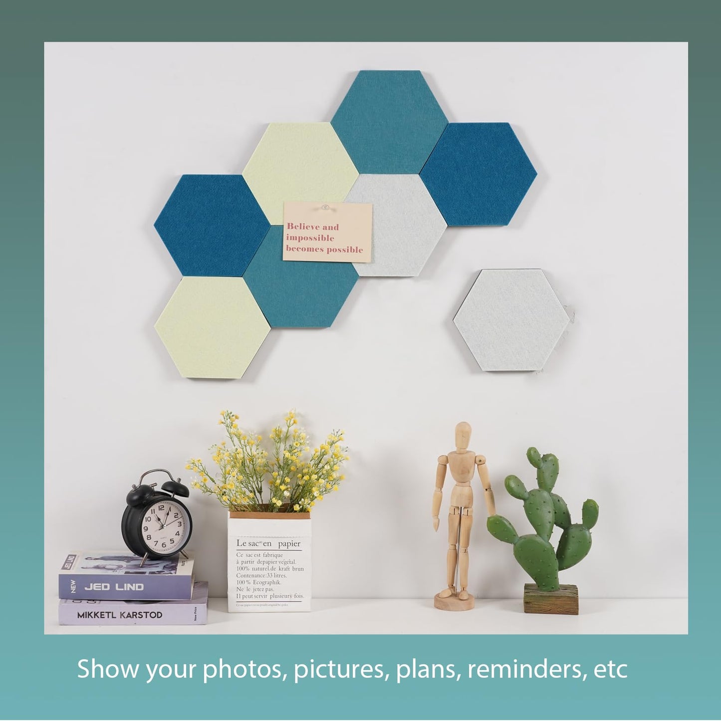 Afumazi Felt Bulletin Board Tiles, 8 Pcs Hexagon Wall Tiles with Removable Adhesive, 7.9×6.9 Inch Cork Pin Board for Classroom, Home, Office (Set A, Middle)