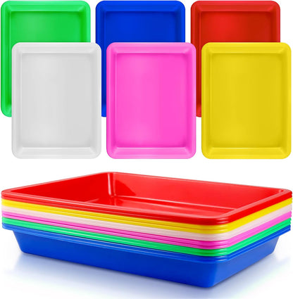 Bercoor 12 Pack Plastic Art Trays, 6 Colors Activity Crafts Tray Serving Tray Organizer Tray for Kids School Classroom DIY Projects, Painting, Jewelry, Beads, Home Organizing Supply