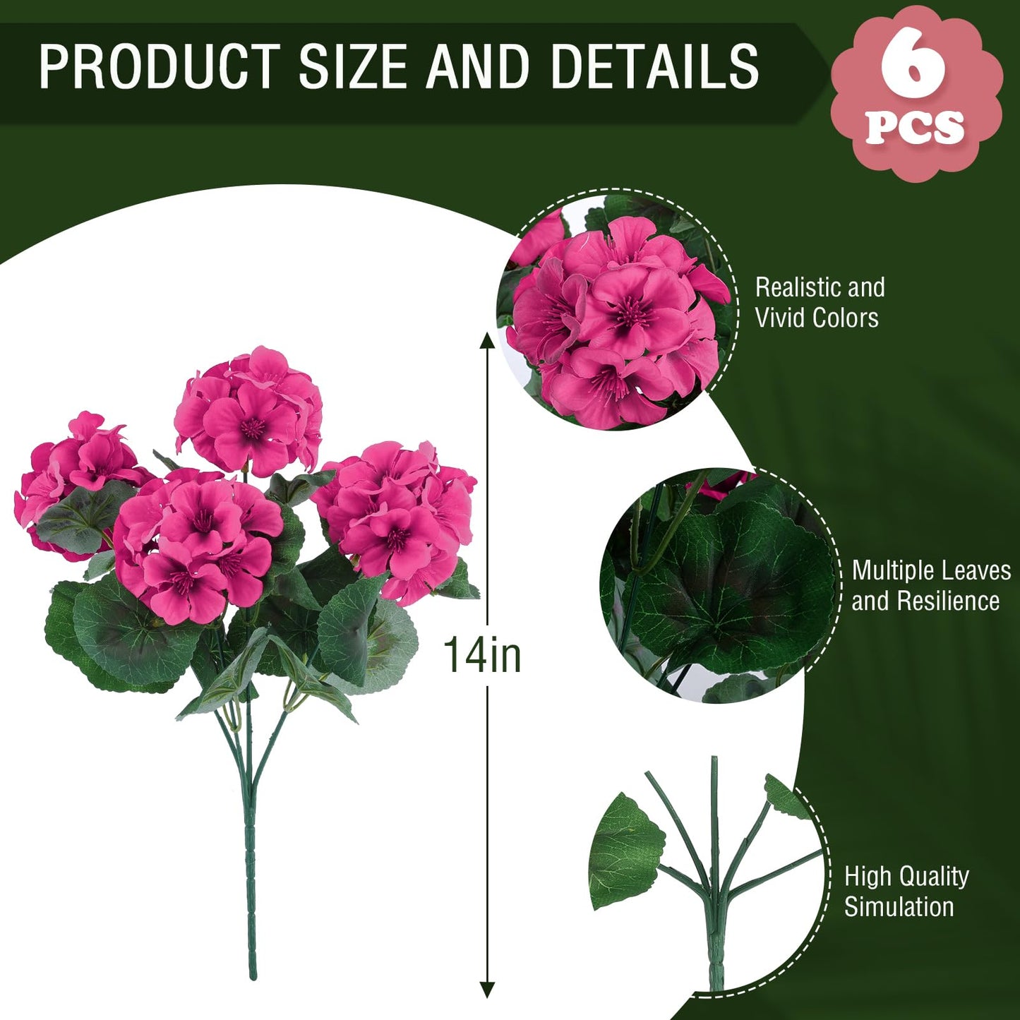 Hananona 6 Pcs Artificial Geranium Flowers for Outdoors Geraniums Silk Flowers Outdoor UV Resistant Garden Plants Faux Flowers for Home Kitchen Table Centerpieces Decor (6, Rose Red)