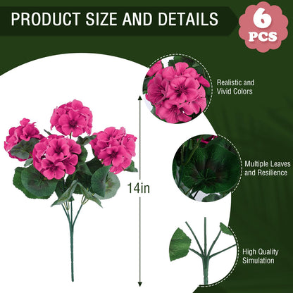 Hananona 6 Pcs Artificial Geranium Flowers for Outdoors Geraniums Silk Flowers Outdoor UV Resistant Garden Plants Faux Flowers for Home Kitchen Table Centerpieces Decor (6, Rose Red)