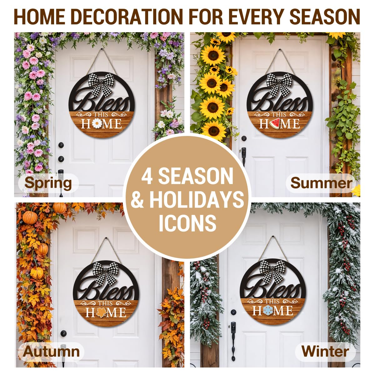 Interchangeable Seasonal Bless This Home Hanging Sign - Farmhouse Front Door Decoration for Spring All Seasons Holidays - Rustic Round Wood Wreaths with 12 Icons(Orange)